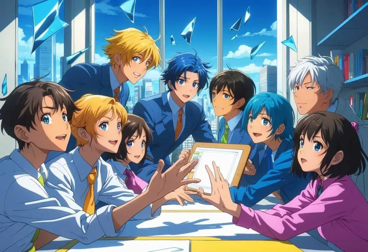 A group of anime characters in a modern room, one reaching out towards the viewer while another looks knowingly, suggesting they are aware of the audience.