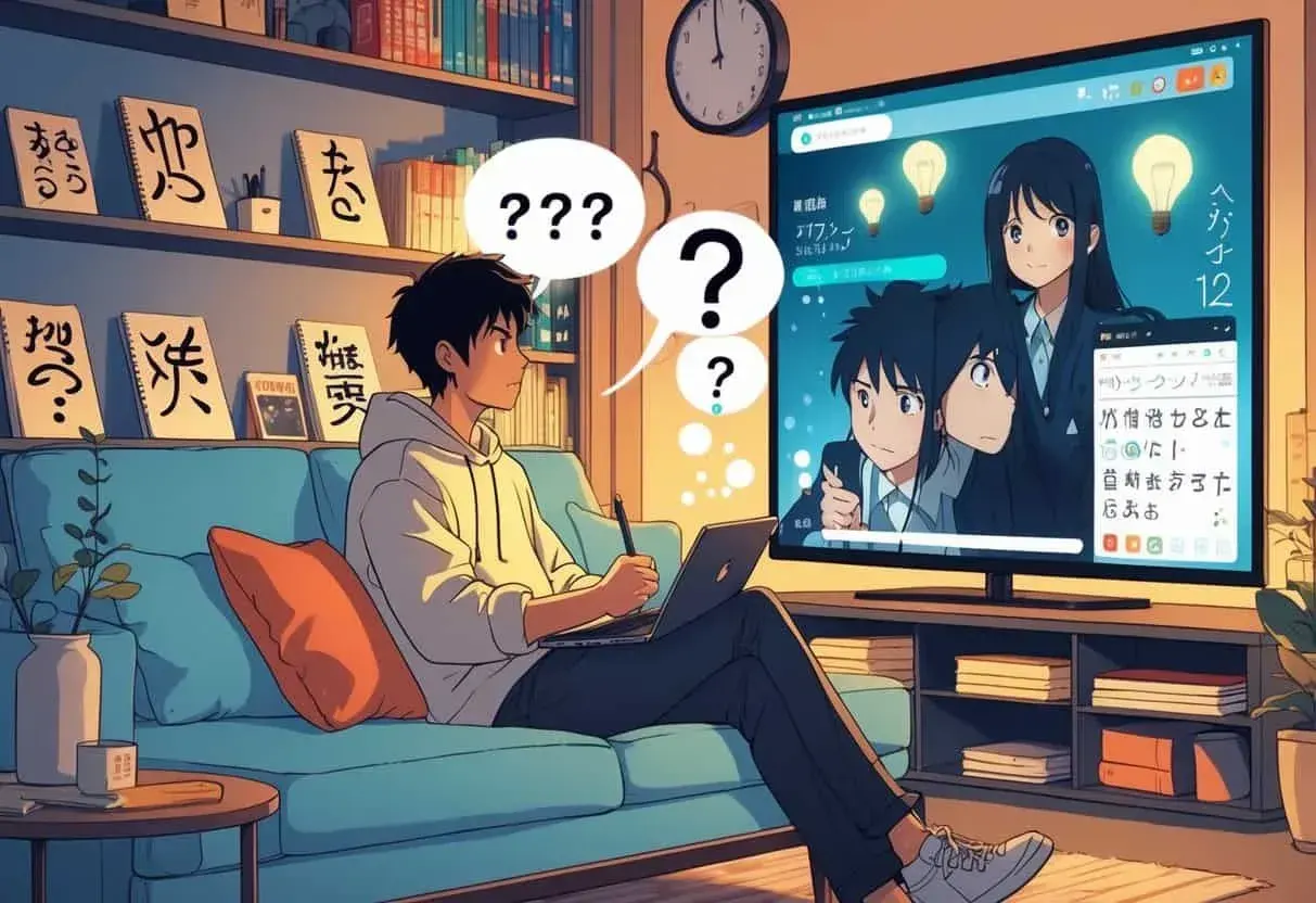 A person watching anime on TV while taking notes in a cozy living room with Japanese books and a laptop nearby.