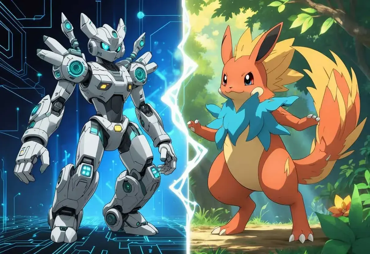 Two creatures side by side evolving: one transforming with digital and mechanical features, the other evolving with natural and organic changes, set against contrasting backgrounds of technology and nature.