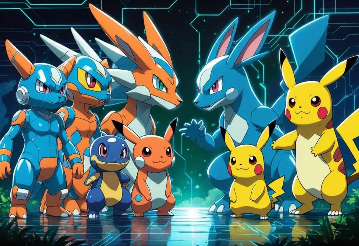 Two groups of digital creatures and their human partners face each other on a digital-natural battlefield, showing strong emotional connections and readiness for a challenge.
