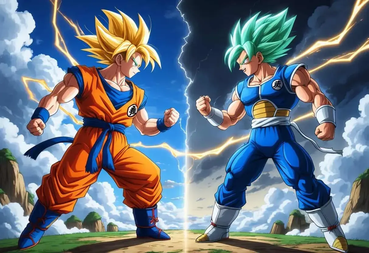 Goku and Vegeta face each other in battle stances with glowing golden hair and energy auras, surrounded by contrasting backgrounds symbolizing their rivalry.