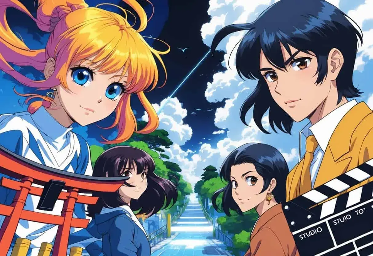 An illustration showing two groups of animated characters facing each other, one with features typical of anime and the other with features typical of Western cartoons, connected by a blending bridge in the middle.