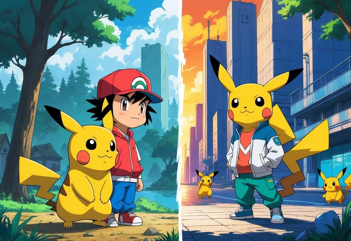 A side-by-side scene showing Ash Ketchum and Pikachu from the 1990s on the left with a forest background, and Ash and Pikachu in modern outfits on the right with a futuristic city background.