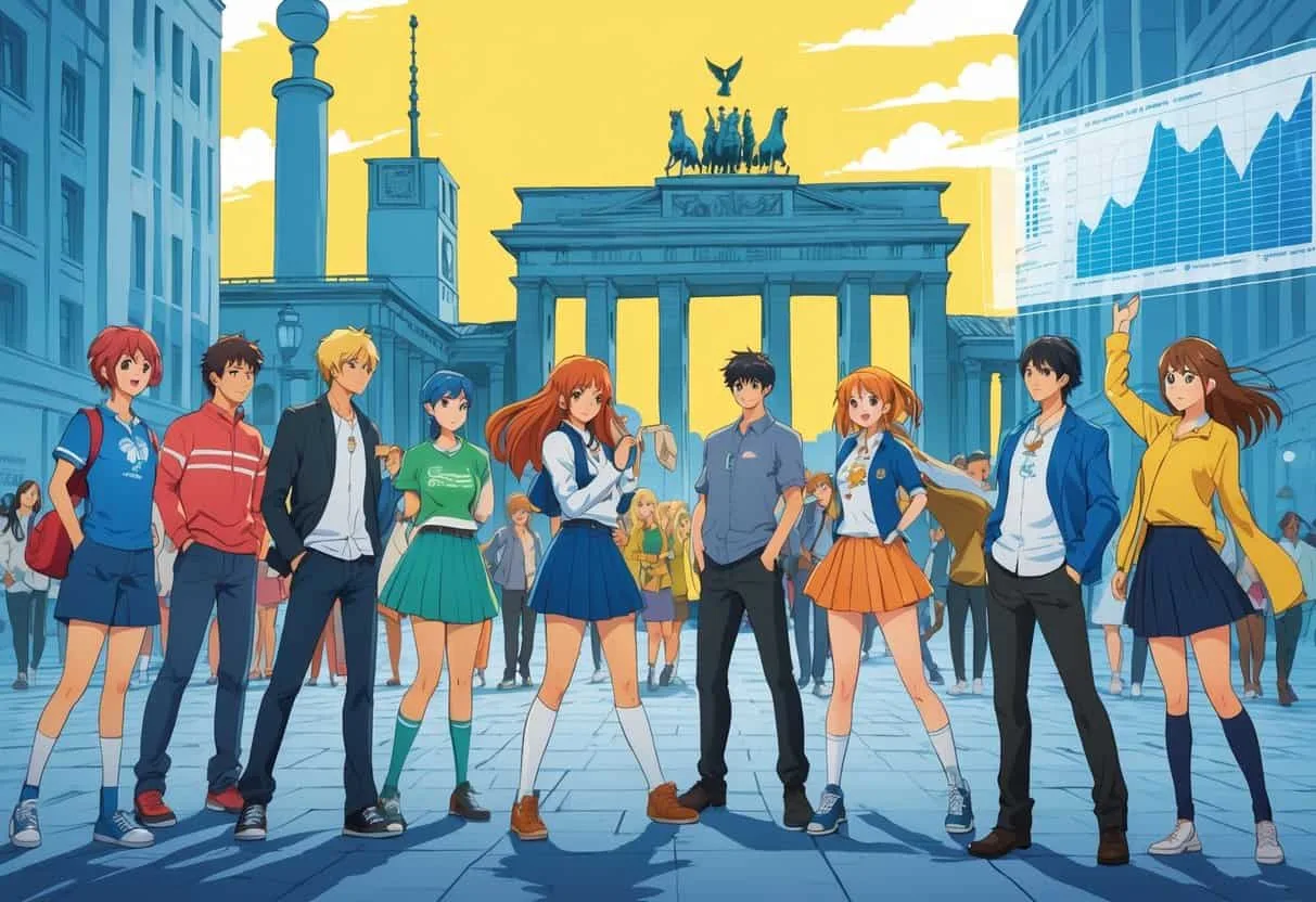 A group of popular anime characters gathered in a German city setting with landmarks in the background and floating charts symbolizing statistics.