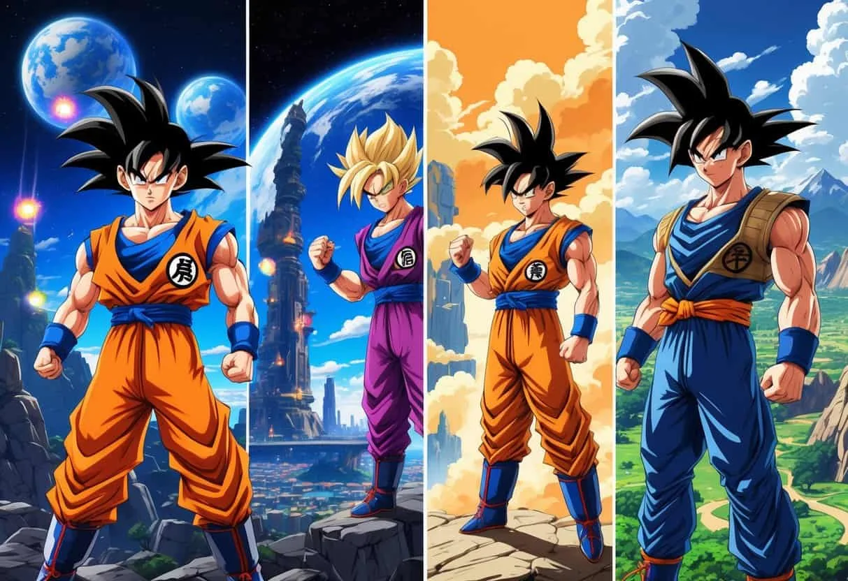 A progression of Dragon Ball characters from early fighting game styles to modern open-world designs, showing different environments and action scenes representing the evolution of Dragon Ball video games.
