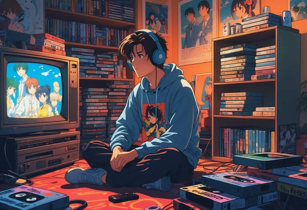 A young person in a 1990s bedroom surrounded by VHS tapes and anime posters, watching anime on an old television with a VCR playing a tape.
