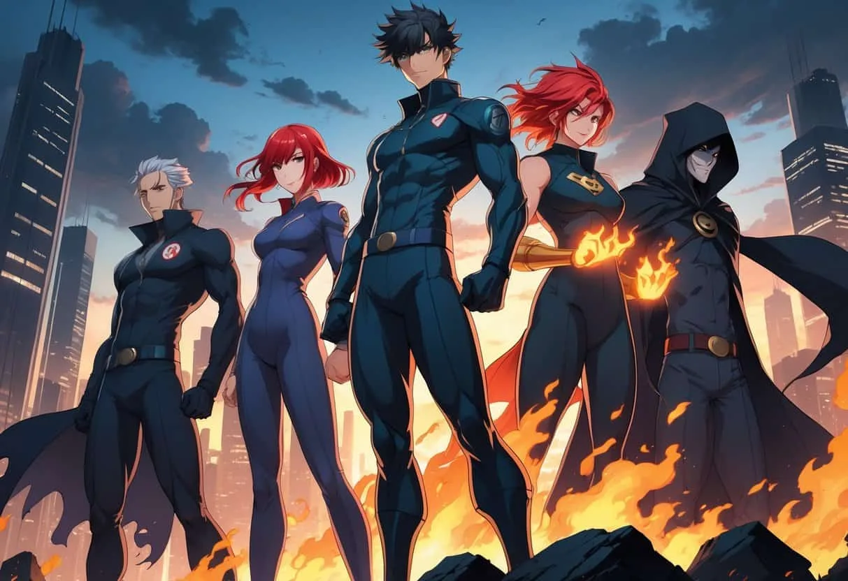 A group of anime characters who were once villains now standing together heroically in a city at dusk, showing determination and unity.