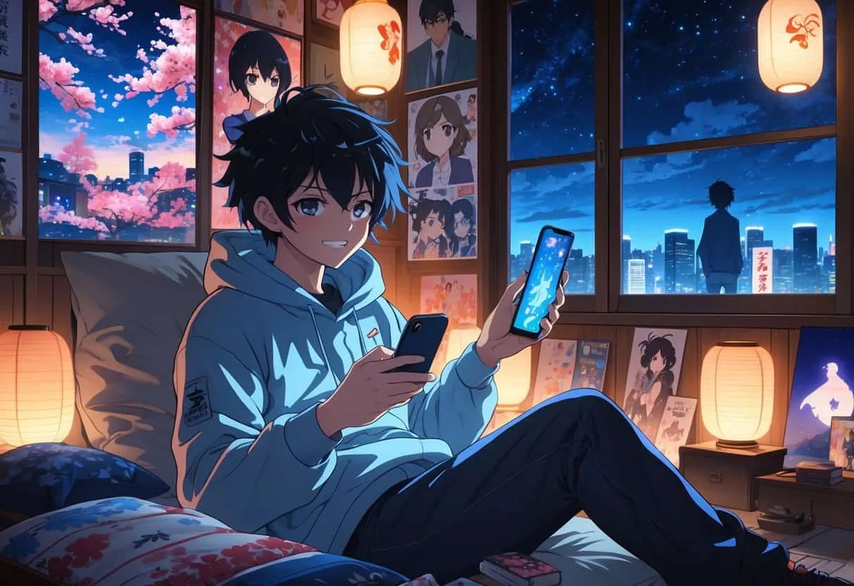 A young person playing a visual novel game on a handheld device in a cozy room decorated with anime posters and figurines, surrounded by soft glowing imagery representing anime culture.