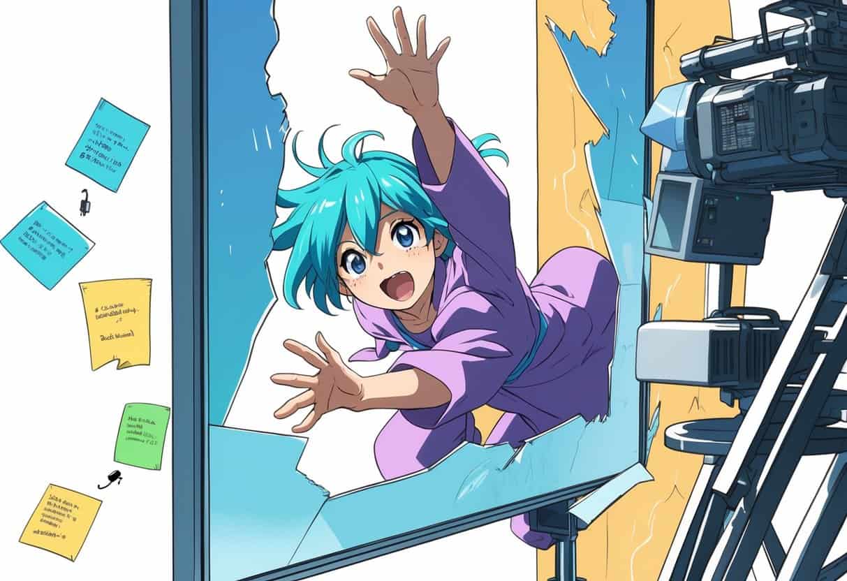 An anime character reaches out from a broken frame toward the viewer with a playful expression, surrounded by floating manga panels and light effects.