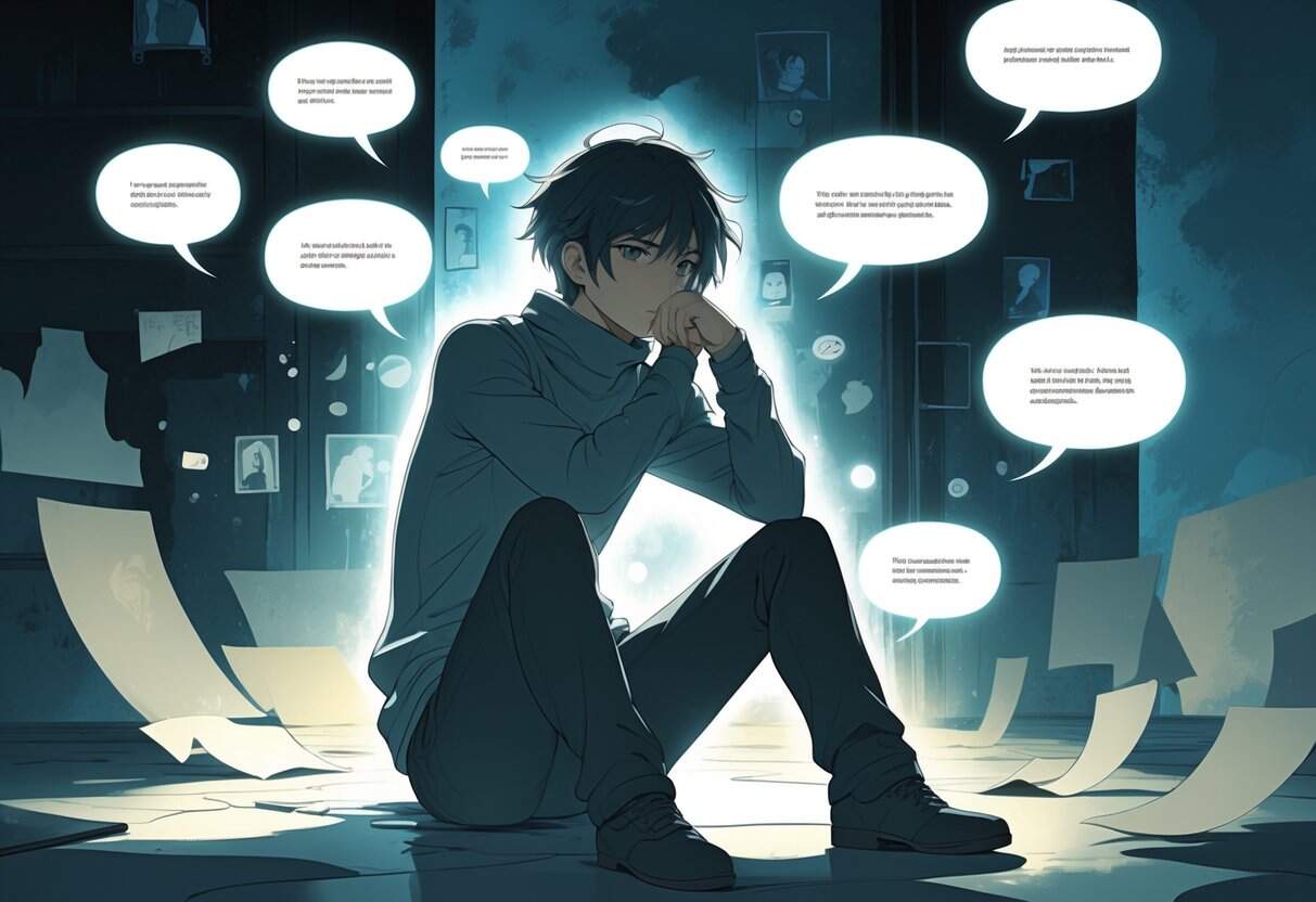An anime character sitting thoughtfully in a dim room, surrounded by translucent speech bubbles and symbolic images representing hidden truths revealed through their inner thoughts.